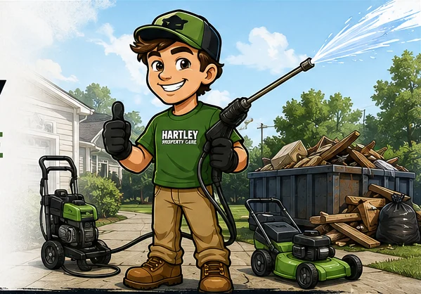 Hartley Property Care mascot with pressure washer, lawn mower, and cleanup equipment